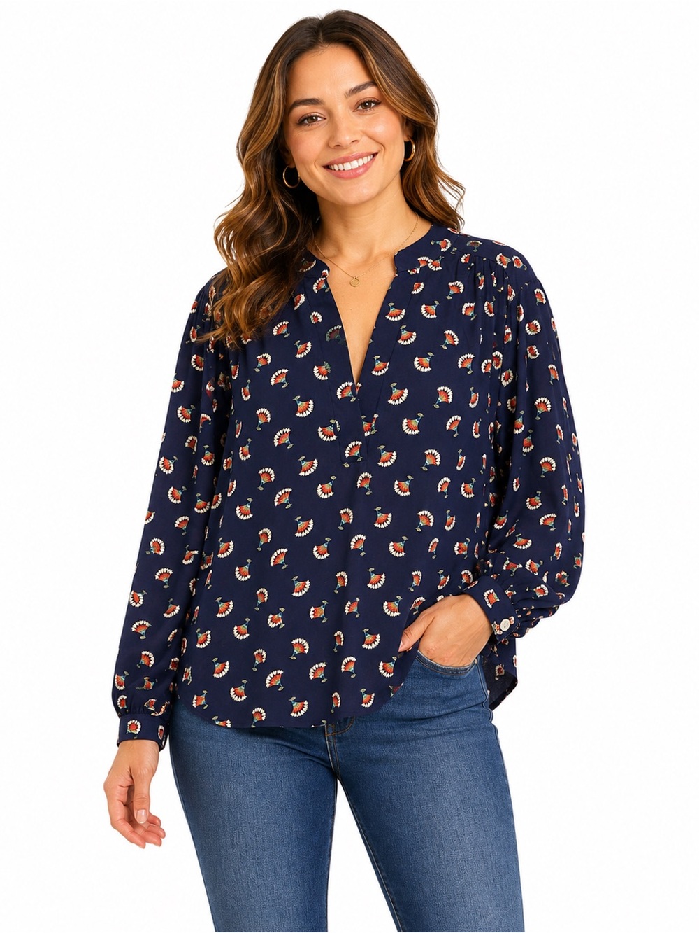 Entro Navy‎ Floral Boho Tunic Blouse Split Neck Long Sleeve Oversized Top XL